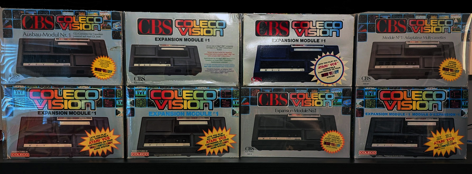 Collection of ColecoVision Expansion Module #1 variants showing Atari 2600 compatibility adapters
